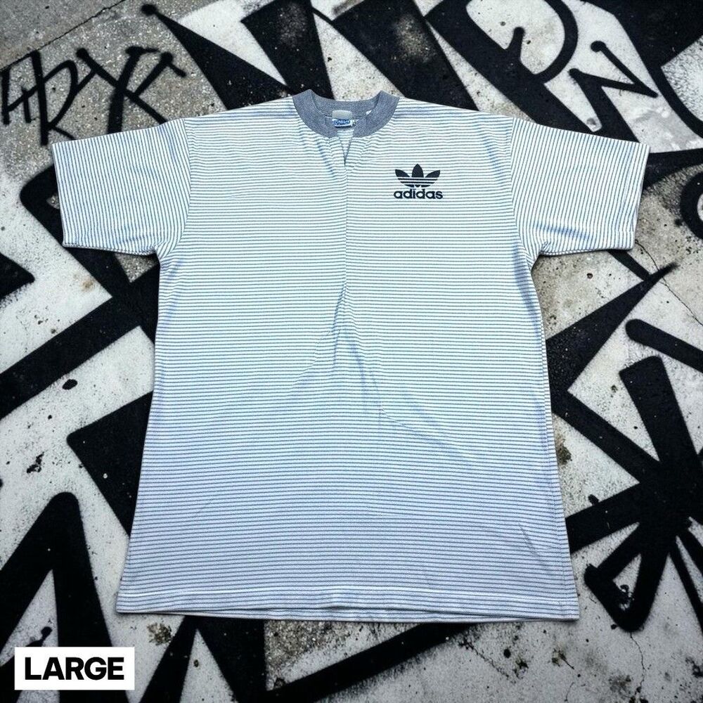 Vintage 80s Adidas T Shirt Men's LARGE Gray White Trefoil Single Stitch Striped